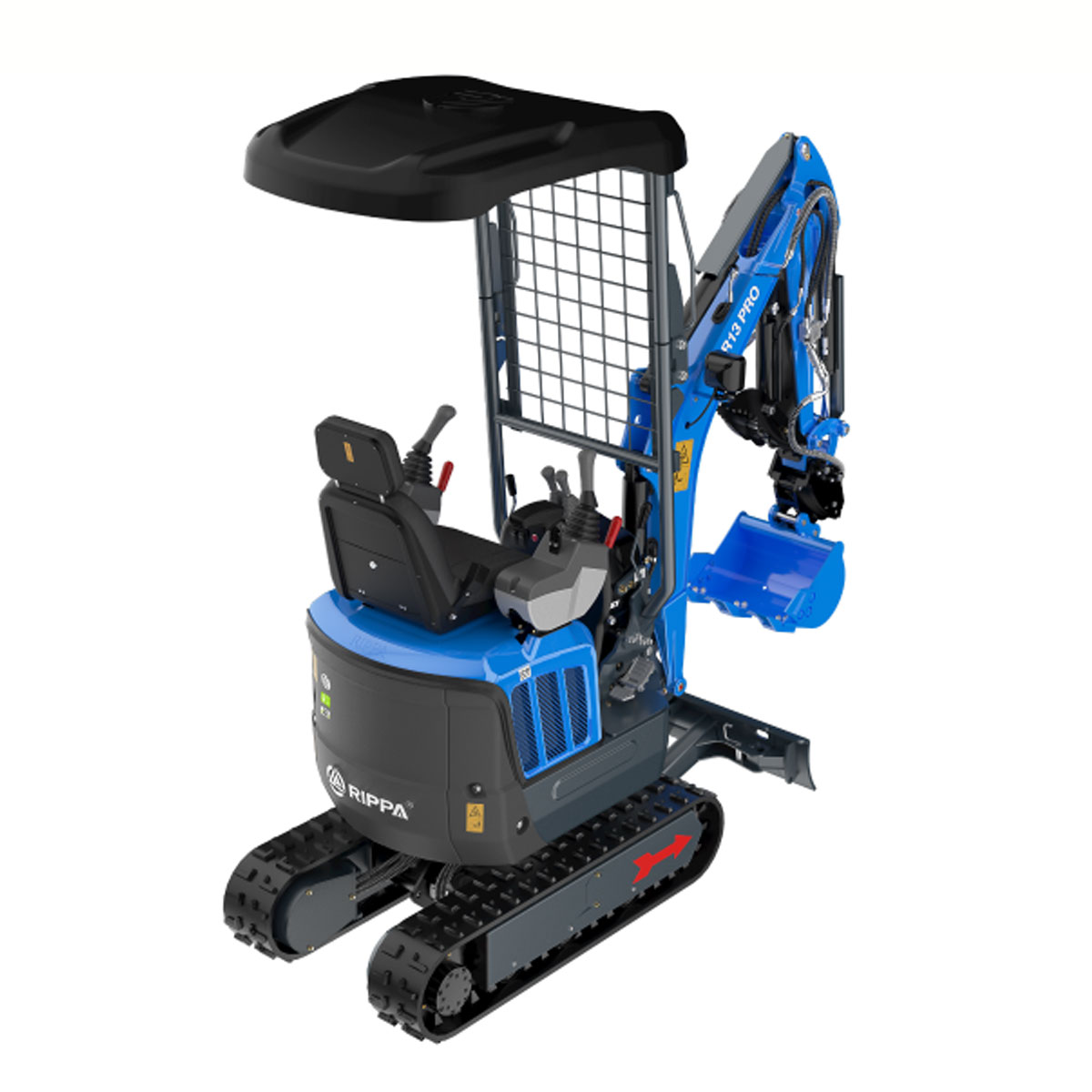 Mini-pelle RIPPA R13 PRO vue arrière 3/4 avec canopy rabattable