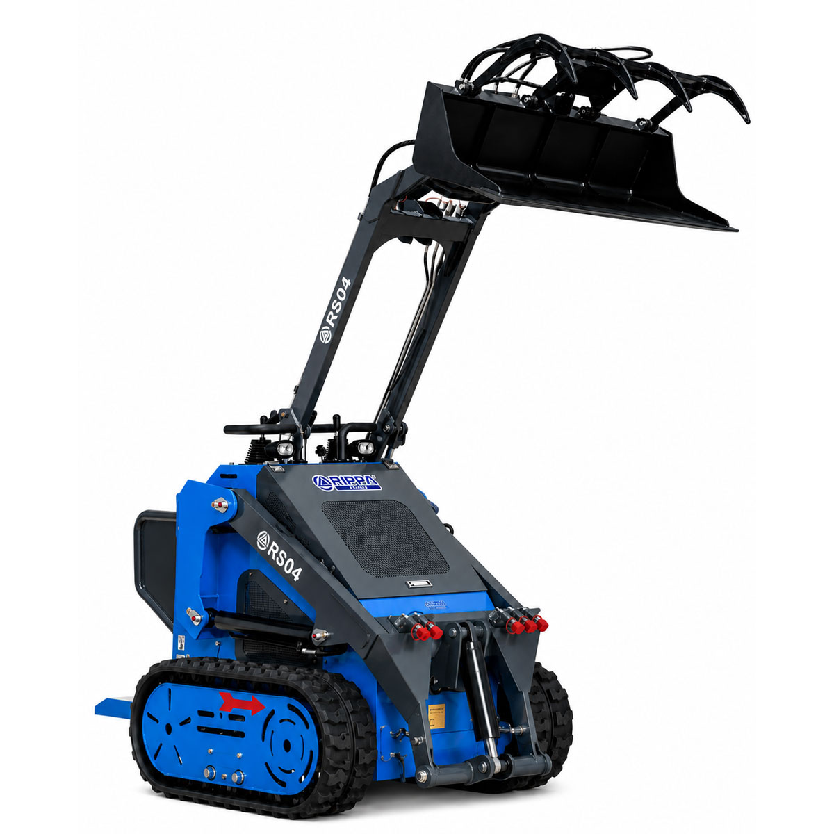 Chargeur compact RIPPA RS04 sur chenilles équipé d’un godet crocodile relevé