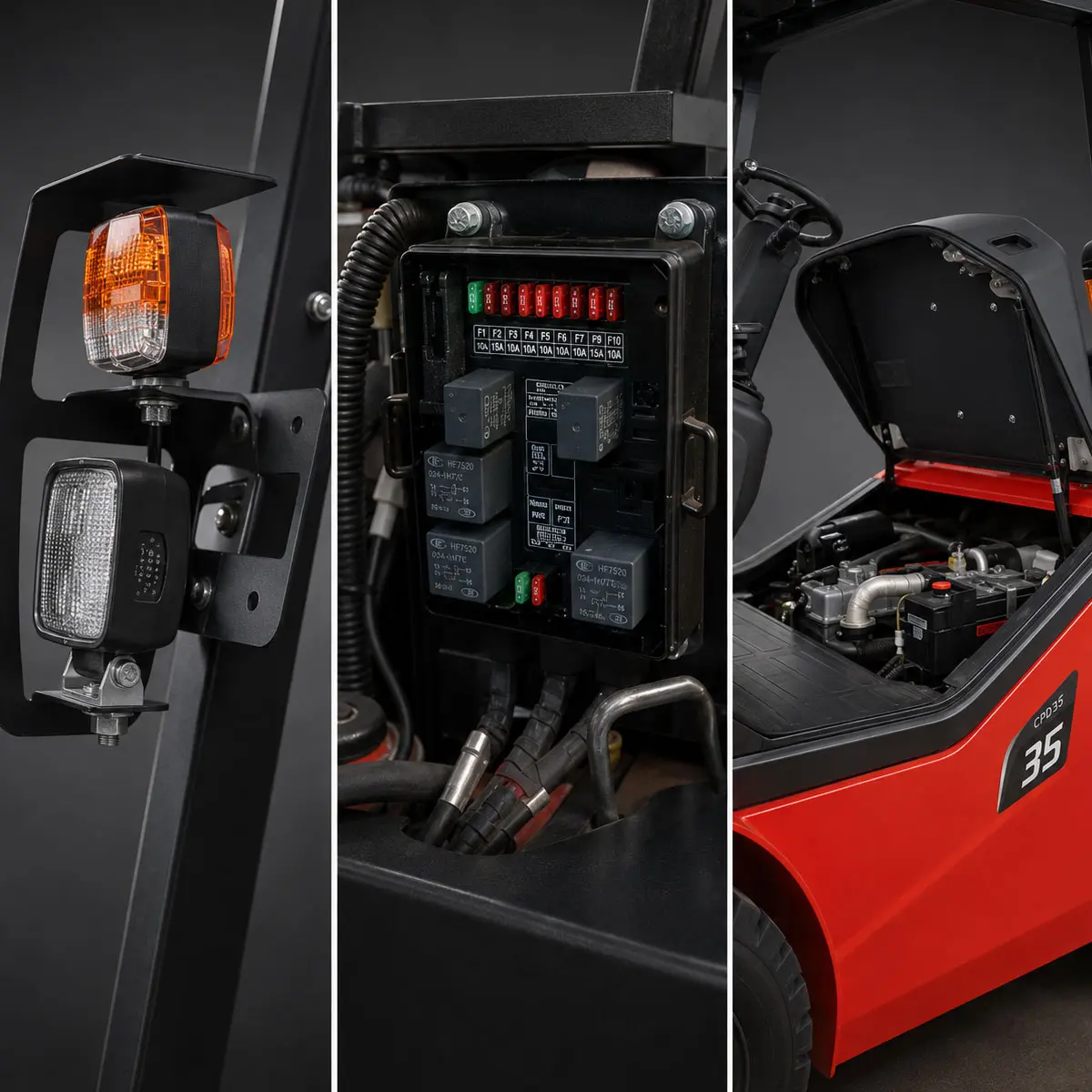 Éclairage, boîtier électrique et compartiment moteur du chariot HELI CPCD25 G3